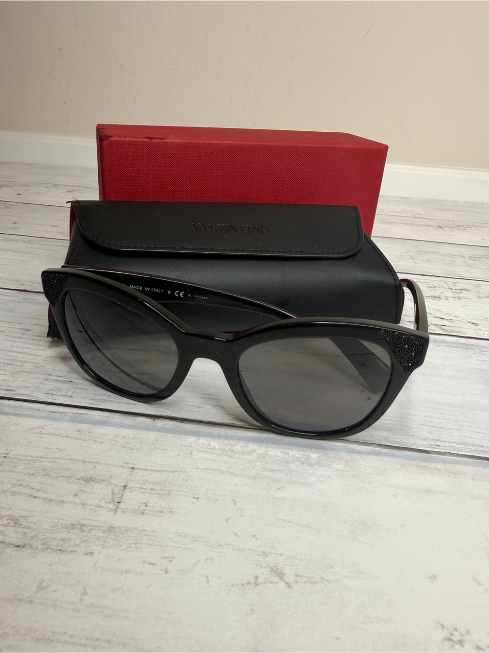 Valentino Black Cat-Eye Sunglasses with Glitter Temple Accents